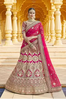 Stunning Pink Heavy Hand Work & Embroidered Velvet Bridal Lehenga