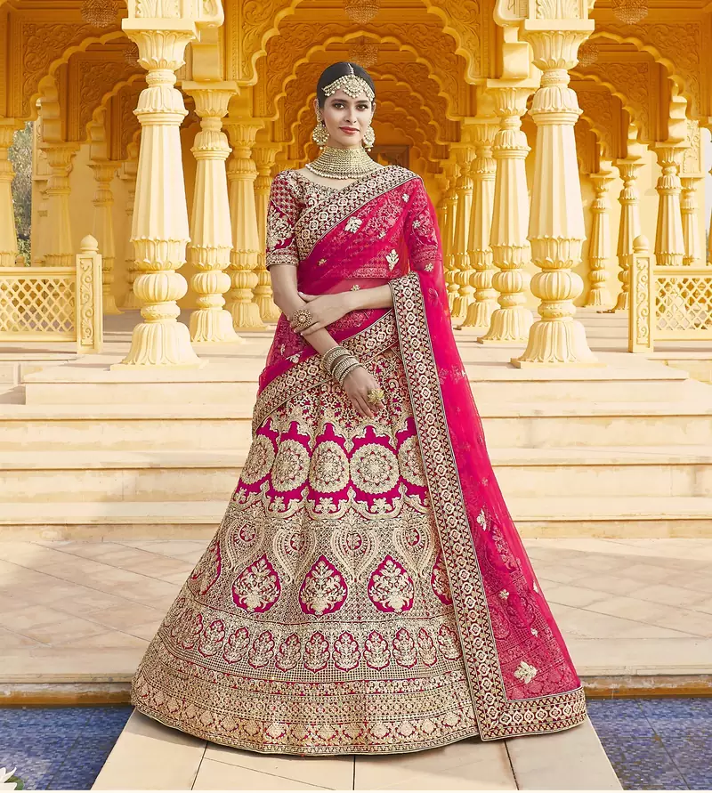 Stunning Pink Heavy Hand Work & Embroidered Velvet Bridal Lehenga