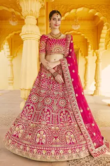 Stunning Pink Heavy Hand Work & Embroidered Velvet Bridal Lehenga
