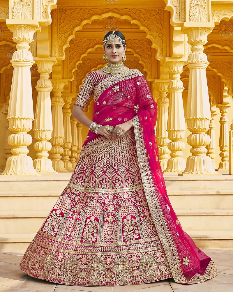 Stunning Pink Heavy Hand Work & Embroidered Velvet Bridal Lehenga