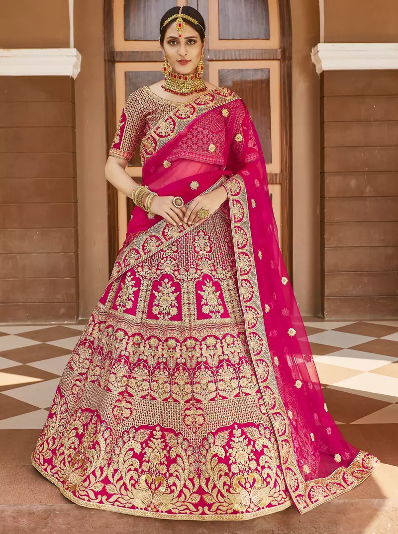 Stunning Pink Heavy Hand Work & Embroidered Velvet Bridal Lehenga