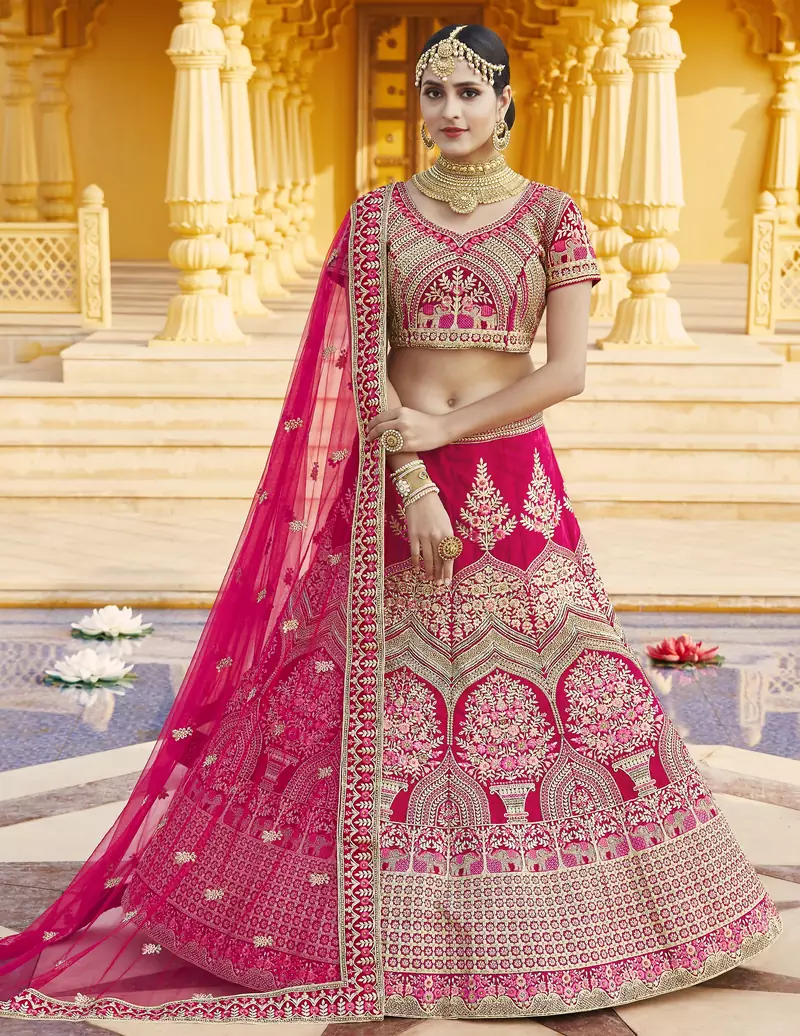 Stunning Pink Heavy Hand Work & Embroidered Velvet Bridal Lehenga