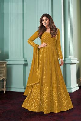 Rahi Fashion Yellow Faux Georgette Sequence embroidered Work Semi Stitched Anarkali Gown  1