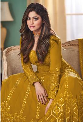 Rahi Fashion Yellow Faux Georgette Sequence embroidered Work Semi Stitched Anarkali Gown  2