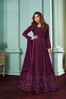 Rahi Fashion Purple Faux Georgette Sequence embroidered Work Semi Stitched Anarkali Gown  1
