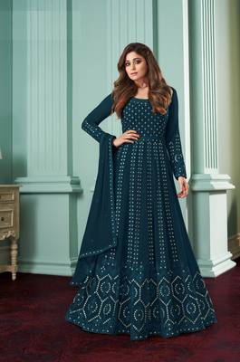 Rahi Fashion Sea Blue Faux Georgette Sequence embroidered Work Semi Stitched Anarkali Gown  1
