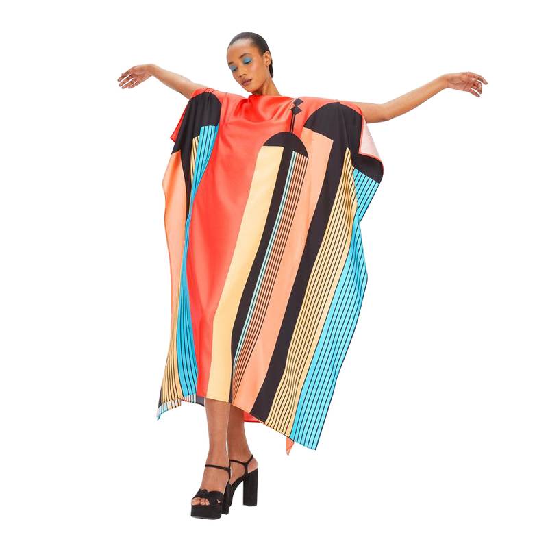 Women Digital Printed Lounge Wear Geometric Pattern Satin Silk Kaftan