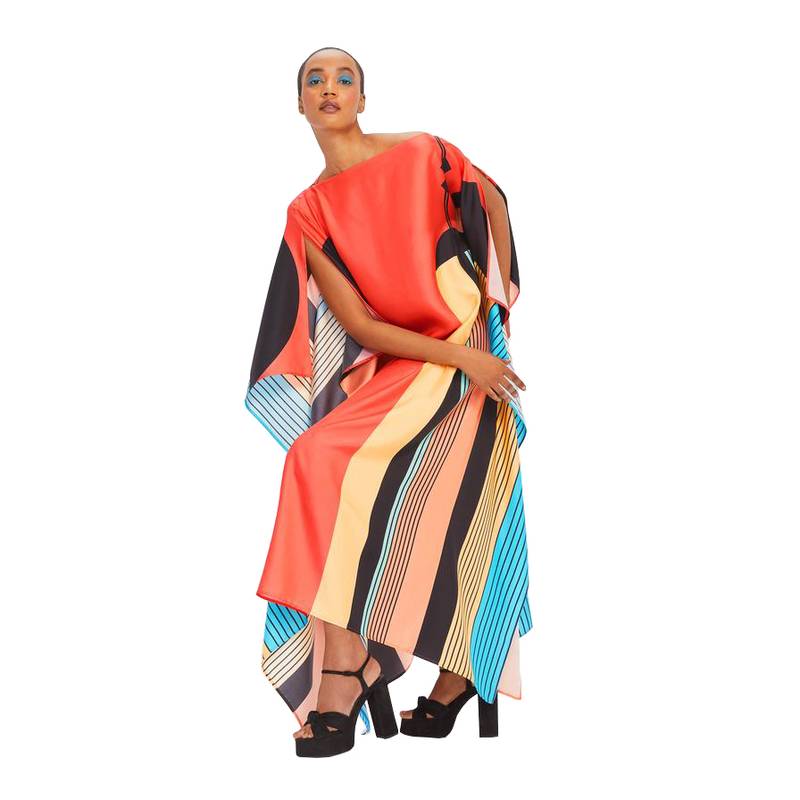 Women Digital Printed Lounge Wear Geometric Pattern Satin Silk Kaftan