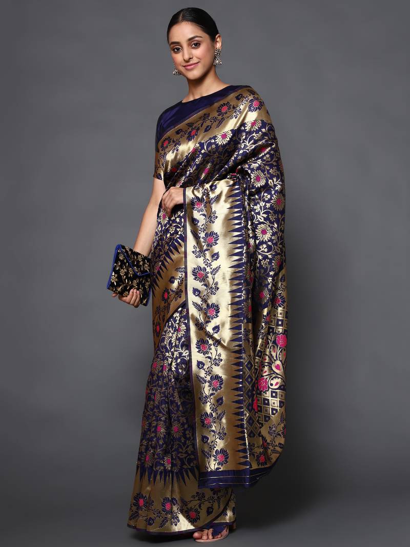 Glemora Blue Fancy Ethnic Wear Silk Blend  Traditional Saree