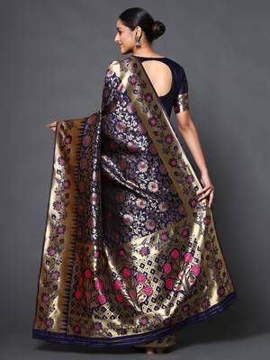 Glemora Blue Fancy Ethnic Wear Silk Blend  Traditional Saree 3