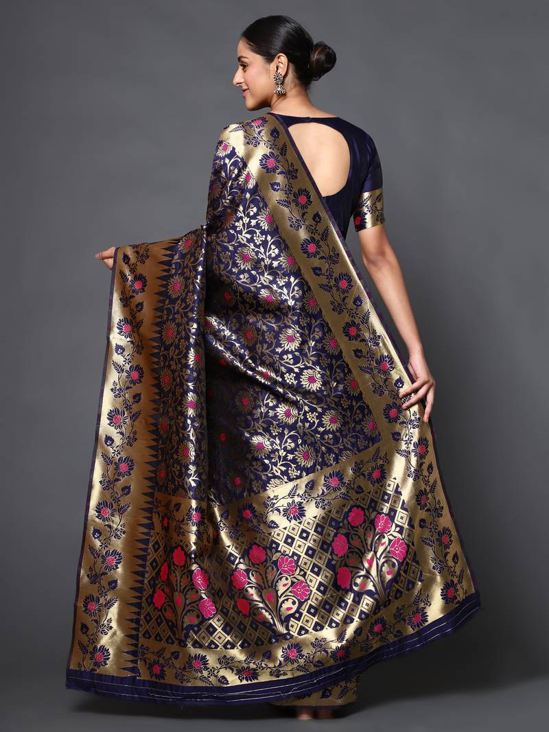 Glemora Blue Fancy Ethnic Wear Silk Blend  Traditional Saree