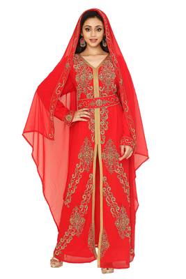 Hand Embroidered Red Kaftan With Dupatta 1