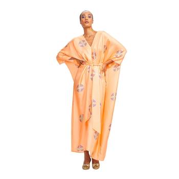 Peach Color V-Neck Belt Style Women Satin Silk Printed Kaftan Kurta 1