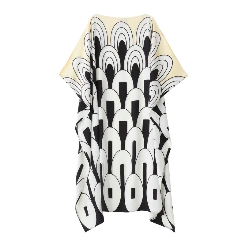 Free Size Outdoor Wear Geometric Boat Neck Style Silk Crepe Printed Women Kaftan