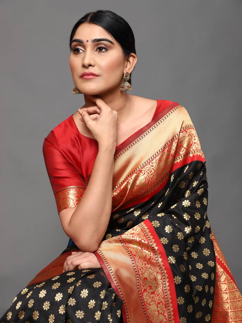 Glemora Black Designer Ethnic Wear Silk Blend  Traditional Saree