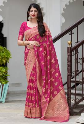 rani pink woven banarasi silk saree with blouse 1