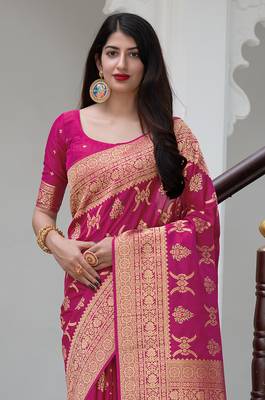 rani pink woven banarasi silk saree with blouse 2