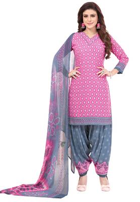 Pink & Grey cotton Printed Unstitch top & bottom with dupatta 1