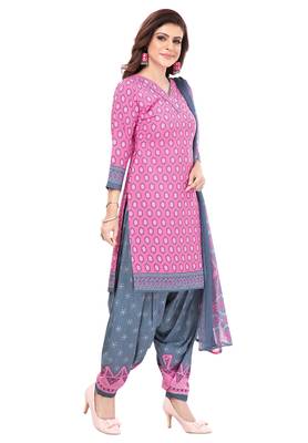 Pink & Grey cotton Printed Unstitch top & bottom with dupatta 3