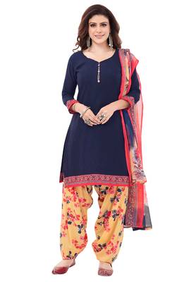 Navy Blue & Beige cotton Printed Unstitch top & bottom with dupatta 1