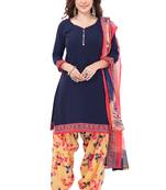 Navy Blue & Beige cotton Printed Unstitch top & bottom with dupatta