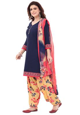 Navy Blue & Beige cotton Printed Unstitch top & bottom with dupatta 3
