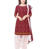 Maroon & White cotton Printed Unstitch top & bottom with dupatta