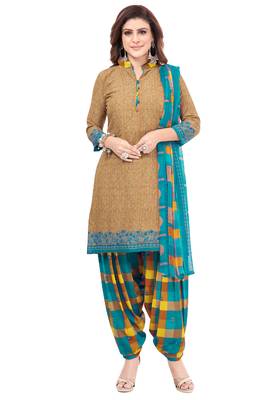 Beige & Blue cotton Printed Unstitch top & bottom with dupatta 1