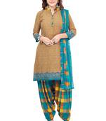 Beige & Blue cotton Printed Unstitch top & bottom with dupatta
