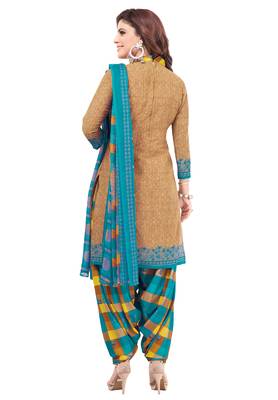 Beige & Blue cotton Printed Unstitch top & bottom with dupatta 2