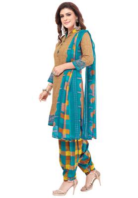 Beige & Blue cotton Printed Unstitch top & bottom with dupatta 3