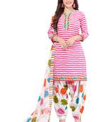 Pink & White cotton Printed Unstitch top & bottom with dupatta
