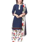 Dark Blue & White cotton Printed Unstitch top & bottom with dupatta
