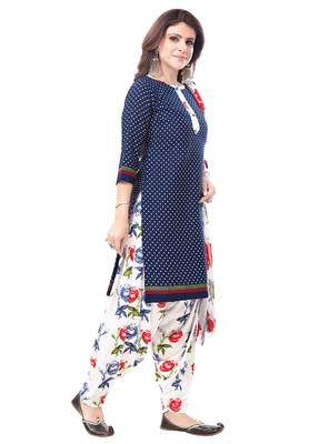 Dark Blue & White cotton Printed Unstitch top & bottom with dupatta 3
