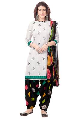 White & Black cotton Printed Unstitch top & bottom with dupatta 1