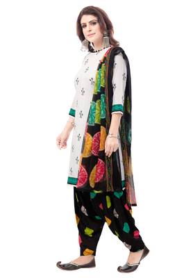White & Black cotton Printed Unstitch top & bottom with dupatta 3