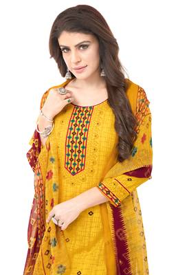 Yellow & Red cotton Printed Unstitch top & bottom with dupatta 3