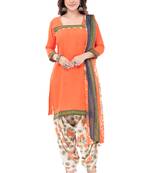 Peach & White cotton Printed Unstitch top & bottom with dupatta
