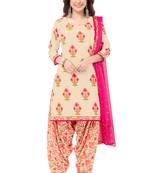 Beige & Pink cotton Printed Unstitch top & bottom with dupatta