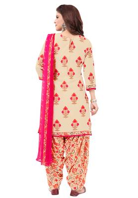 Beige & Pink cotton Printed Unstitch top & bottom with dupatta 2