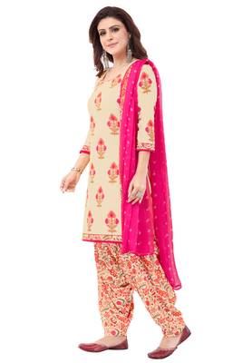 Beige & Pink cotton Printed Unstitch top & bottom with dupatta 3