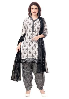 White & Black cotton Printed Unstitch top & bottom with dupatta 1