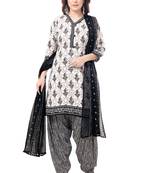 White & Black cotton Printed Unstitch top & bottom with dupatta