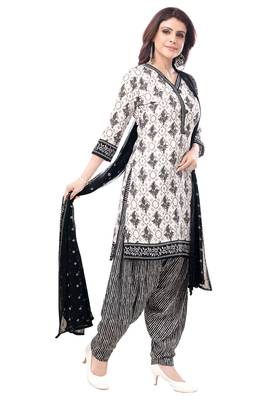 White & Black cotton Printed Unstitch top & bottom with dupatta 3