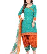 Sea Green & Orange cotton Printed Unstitch top & bottom with dupatta