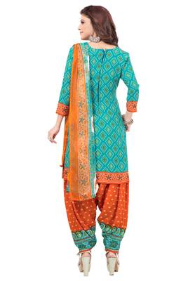 Sea Green & Orange cotton Printed Unstitch top & bottom with dupatta 2