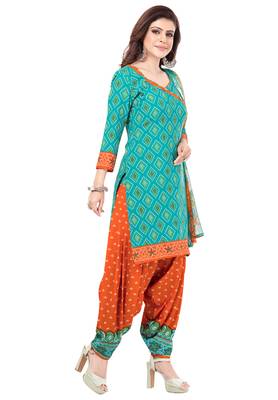 Sea Green & Orange cotton Printed Unstitch top & bottom with dupatta 3