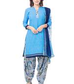 Blue & Grey cotton Printed Unstitch top & bottom with dupatta