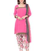 Pink & White cotton Printed Unstitch top & bottom with dupatta