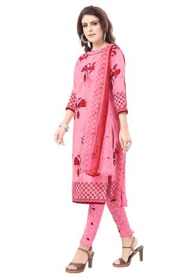 Pink & Red cotton Printed Unstitch top & bottom with dupatta 3